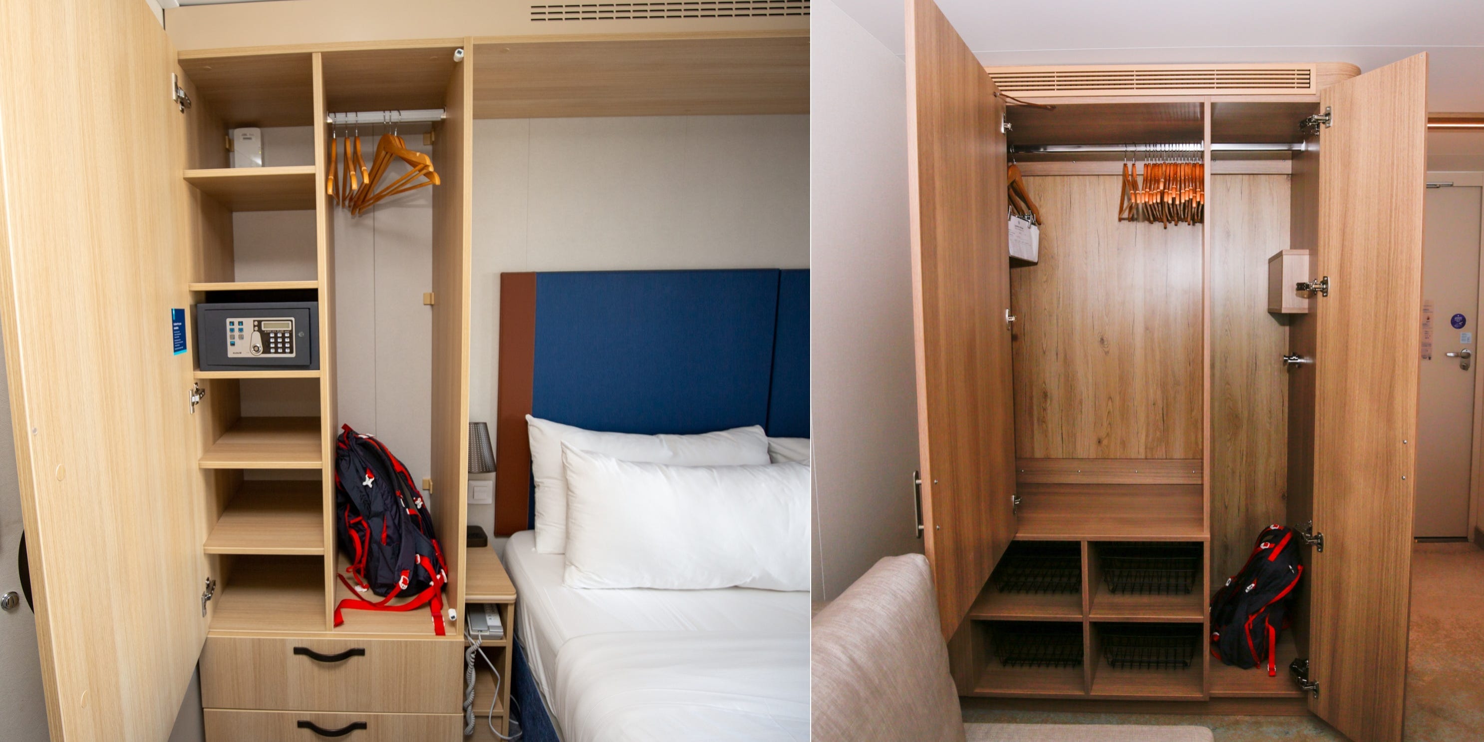 <p>Two thin wardrobes with drawers, hangars, and shelves surrounded either side of my <a href="https://www.businessinsider.com/balcony-stateroom-on-royal-caribbeans-wonder-of-the-seas-cruise-2022-12">bed on Wonder</a>.</p><p>Icon, on the other hand, had one large wardrobe next to the living room.</p><p>Unfortunately, it had noticeably less shelving. And the metal bins let out ear-piercing screeches at every move — a lazy and annoying detail that the designers could've easily fixed with cheap felt pads.</p>