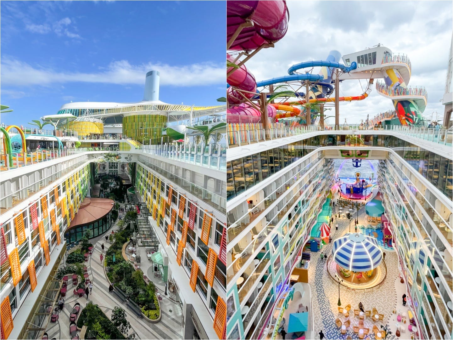 <p>The pool decks were intensely colorful, the crowds were inescapable, and the long <a href="https://www.businessinsider.com/icon-of-the-seas-wonder-of-the-seas-royal-caribbean-2024-1">lists of activities</a> and dining options were paralyzing.</p>