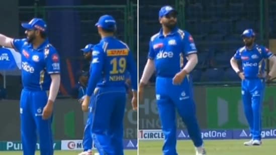rohit sharma sets the field as hardik pandya looks on in the background during dc's ipl onslaught against mi