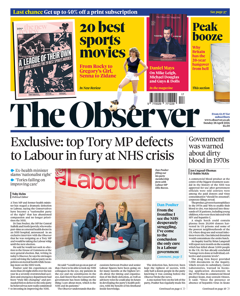 The defection of Tory MP Dan Poulter to Labour features on a number of Sunday's front pages. In an interview with the Observer, Mr Poulter, who is also a part-time mental health doctor, says the experience of working more than 20 night shifts in A&E over the last year has been "truly life-changing" and that he feels the Conservative government has been "failing on the thing I care about most, which is the NHS and its patients". The paper adds that Mr Poulter has said he will not seek re-election, but that he hopes to find a role advising Labour on mental health policy.