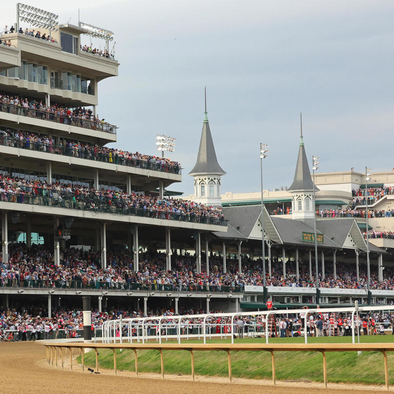 The twin spires of Churchill Downs are seen ahead of the 149th running of the Kentucky Derby on May 6, 2023, in Louisville, Kentucky.