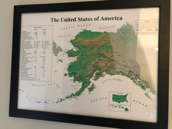 <p>If this map of the USA looks extremely different from what you are used to, then you are correct. It is. Those with keen eyes may have already noticed that the usual map is in the bottom right corner. The bigger map is only a map of the state of Alaska.</p>