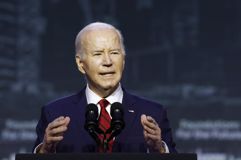 U.S. President Joe Biden delivers remarks at the North American Building Trades Unions 2024 Legislative Conference on April 24, 2024 in Washington, DC. Biden will address the crowd at the annual White House Correspondents’ Dinner.