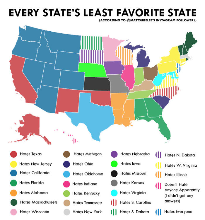 <p>Quick disclaimer: this measure of hatred is only according to the OP’s followers on Instagram. Even then, it seems like California should perhaps work on being a bit more likable. Also, New Jersey is too sour.</p>