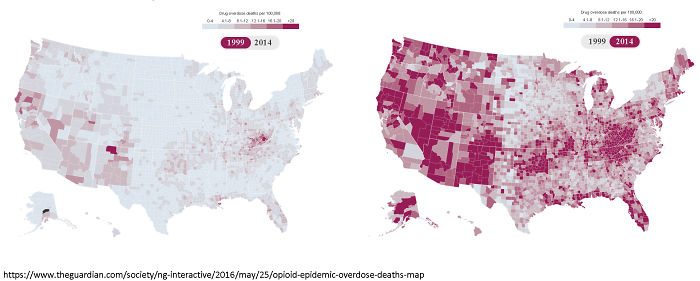 <p>This map is a much more depressing statistic. The map shows how many people lost their lives per 100,000 due to drug overdose in 1999 (Left) and 2014 (Right). Unfortunately, the problem has skyrocketed.</p>