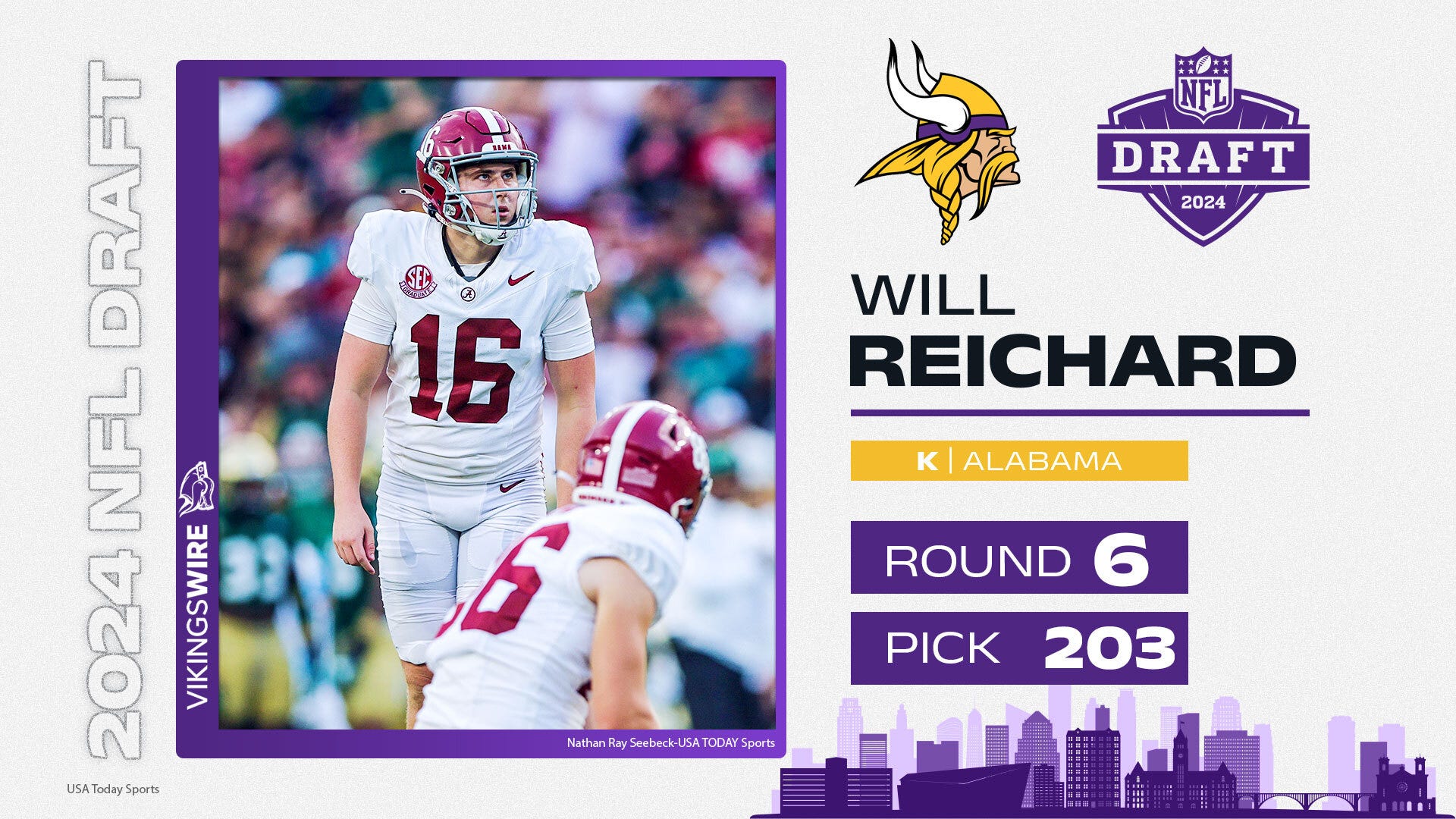 vikings select k will reichard with 203rd overall pick in 2024 nfl draft