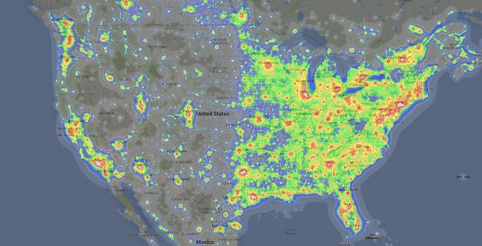 <p>Interestingly enough, this map indicates that light pollution in one of the most developed countries in the world is kind of split down the middle. For any starwatchers, living on the left side would be much better.</p>