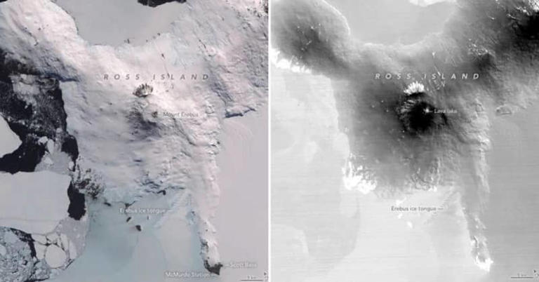 Satellite images of Mount Erebus from 2013, including the lava lake at its center.NASA