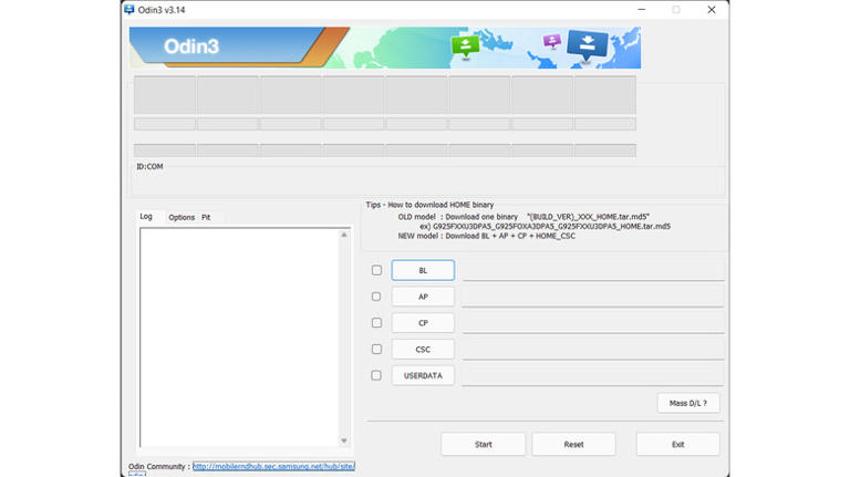A screenshot of Samsung's internal flash tool called Odin3