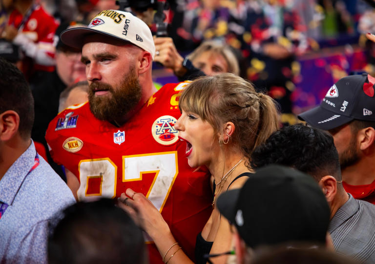 Feb 11, 2024; Paradise, Nevada, USA; Kansas City Chiefs tight end Travis Kelce (87) celebrates with girlfriend Taylor Swift after defeating the San Francisco 49ers in Super Bowl LVIII at Allegiant Stadium. Mandatory Credit: Mark J. Rebilas-USA TODAY Sports ORG XMIT: IMAGN-734691 ORIG FILE ID: 20240211_mjr_su5_007.JPG