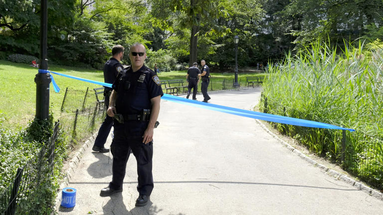 NYPD Central Park Precinct Officers partially block an Central Park walkway near Fifth Avenue and the Plaza Hotel.