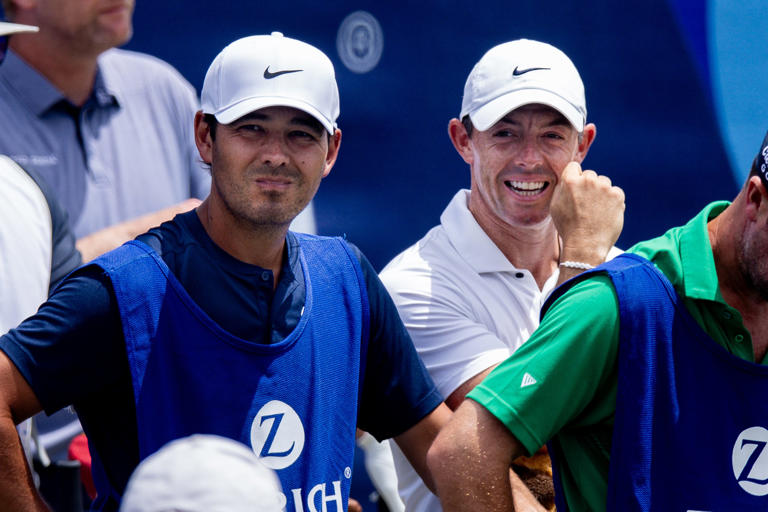 Rory McIlroy and his caddie Harry Diamond on the first tee during the final round of the 2024 Zurich Classic of New Orleans. (Photo: Stephen Lew-USA TODAY Sports)