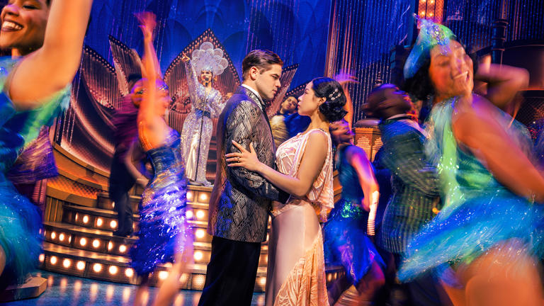 Jeremy Jordan, left, Eva Noblezada and cast in“ The Great Gatsby” at the Broadway Theatre in New York.