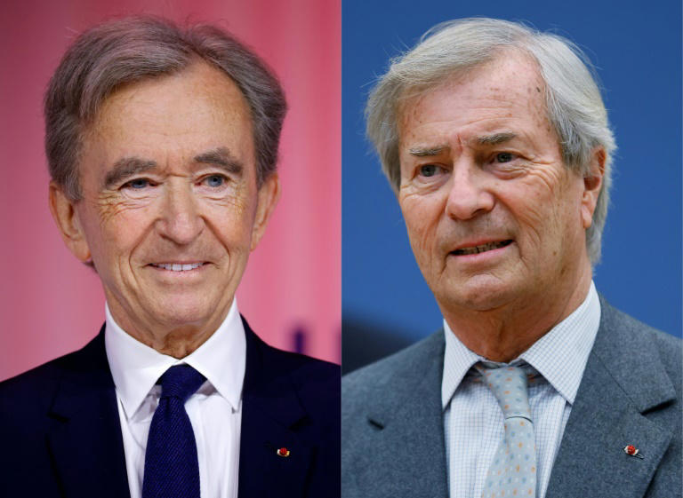 Bernard Arnault (G) à Paris le 15 juin 2023 et Vincent Bolloré à Paris le 19 janvier 2022