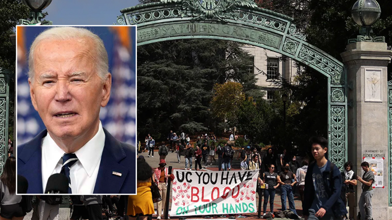 President Joe Biden speaks to the National Action Network Convention remotely from the South Court Auditorium of the White House, Friday, April 12, 2024, in Washington. (AP Photo/Alex Brandon) Pro-Palestinian protesters stage a demonstration in front of Sather Gate on the UC Berkeley campus on April 22, 2024 in Berkeley, California. Hundreds of pro-Palestinian protesters staged a demonstration in front of Sproul Hall on the UC Berkeley campus where they set up a tent encampment in solidarity with protesters at Columbia University who are demanding a permanent cease-fire in the war between Israel and Gaza.