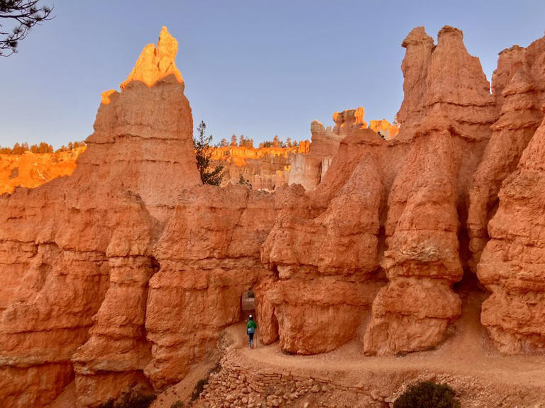 This 3-mile Queen's Garden (where you can find a hoodoo shaped like Queen Victoria on a horse) and Navajo Loop are a delightful trek through the Bryce amphitheater.