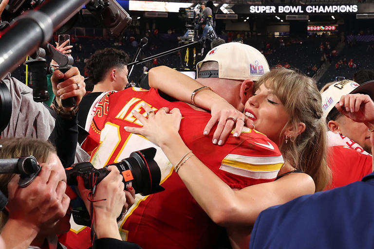 Travis Kelce of the Kansas City Chiefs hugs Taylor Swift after defeating the San Francisco 49 ers 25-22 during Super Bowl LVIII at Allegiant Stadium on Feb. 11, 2024, in Las Vegas.