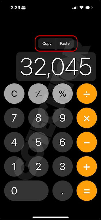 copy result on iPhone calculator