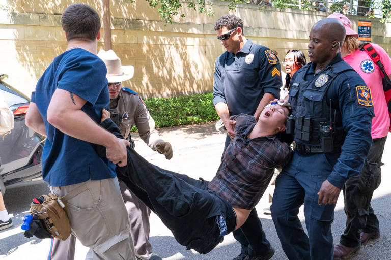 A pro-Palestinian protester is arrested at the University of Texas at Austin, Texas, on Monday.