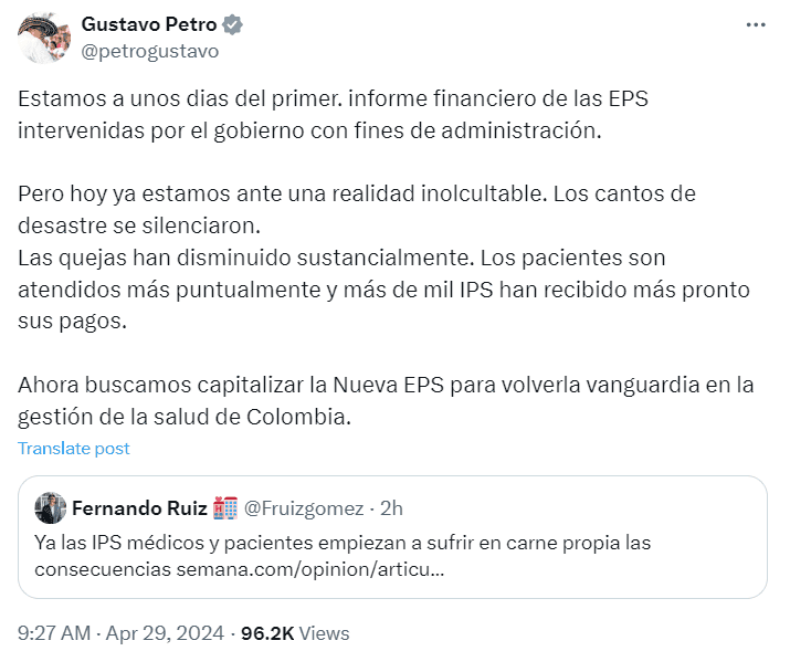 petro anuncia capitalización de nueva eps y dice que hay mejoras en las intervenidas