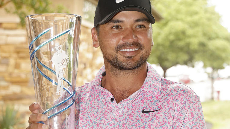 Jason Day poses with the trophy after winning the 2023 AT&T Byron Nelson.