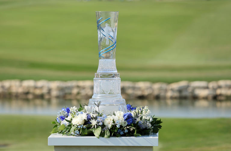 The trophy is seen on the 18th green during the final round of the AT&T Byron Nelson at TPC Craig Ranch on May 15, 2022 in McKinney, Texas. (Photo by Gregory Shamus/Getty Images)