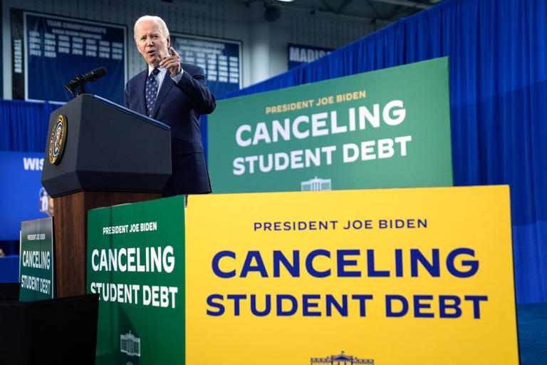 President Joe Biden delivers remarks on student loan debt at Madison College in Wisconsin on April 8.