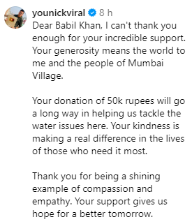 babil khan donates rs 50,000 to youtuber tackling water crisis in mumbai village