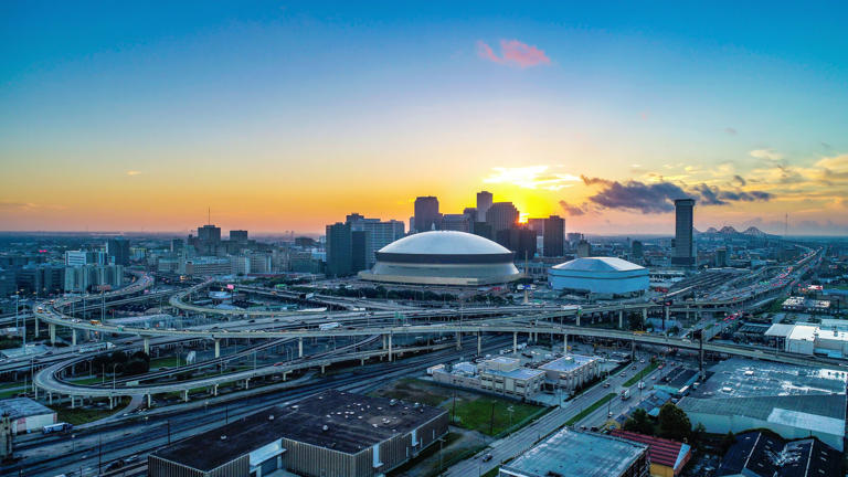 Aerial view of New Orleans, Louisiana skyline at sunrise