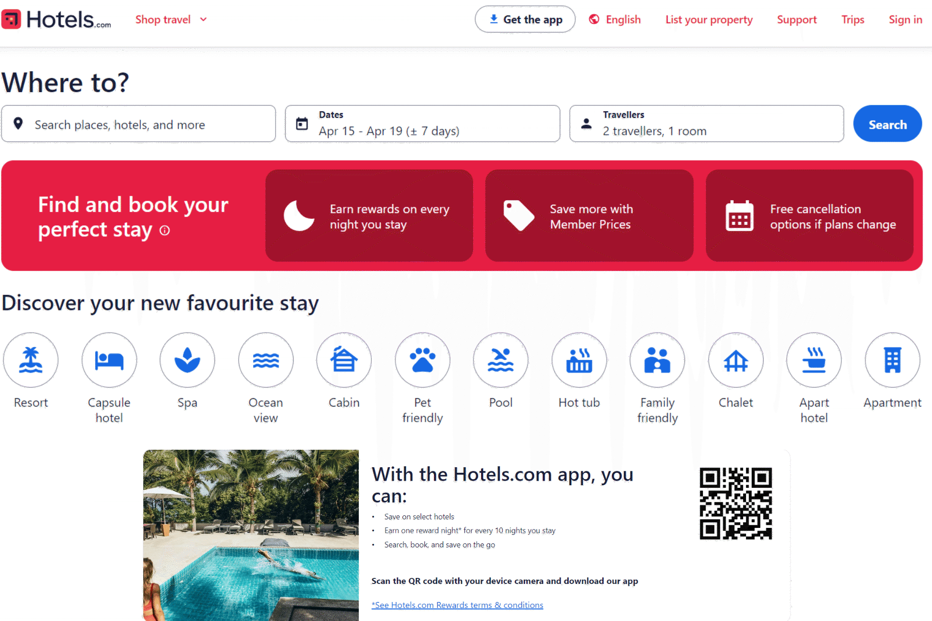 <p>Hotels.com lets travellers search through hundreds of thousands of hotel listings. It also has a <a href="https://www.nerdwallet.com/article/travel/hotels-com-guide">price-match guarantee program</a> valid until the day before travel, and provides some nifty membership perks and discounts that are available once you create a free account. Discounts average <a href="https://www.kiplinger.com/slideshow/spending/t059-s001-24-best-travel-websites-to-save-you-money/index.html">15 per cent</a>. </p>