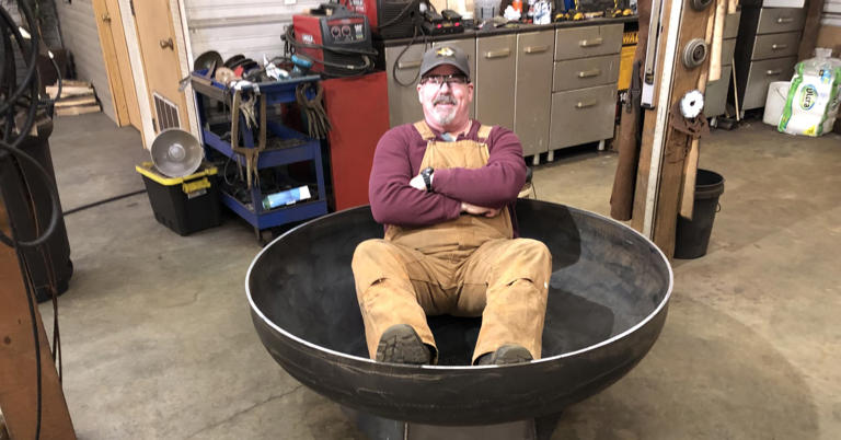 Tim Riegel turns propane gas tank ends into fire pits and sells them on Etsy.