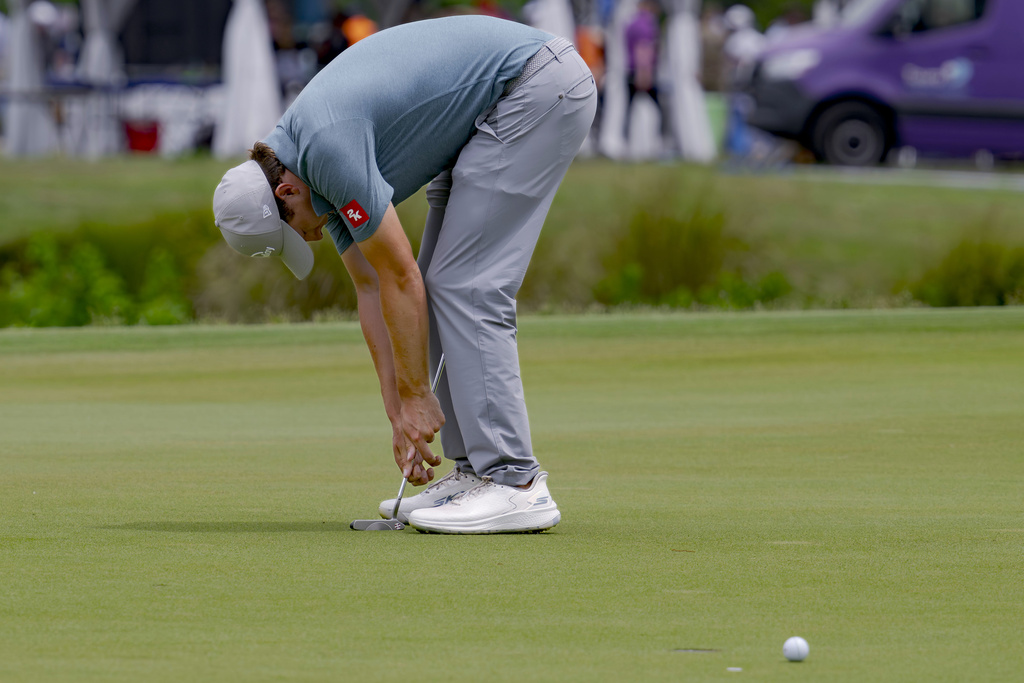 <p>Matt Fitzpatrick reacts as his putt just misses on the 16th green during the third round of the PGA Zurich Classic golf tournament at TPC Louisiana in Avondale, La., Saturday, April 27, 2024. </p>