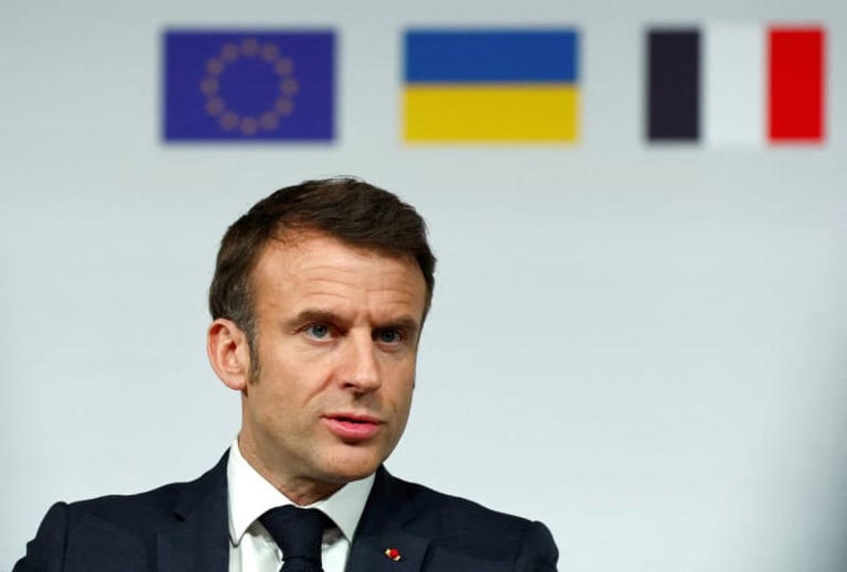 French President Emmanuel Macron speaks during a press conference at the end of the international conference aimed at strengthening Western support for Ukraine, at the Elysee presidential palace in Paris, on Feb. 26, 2024. (Gonzalo Fuentes/POOL/AFP via Getty Images)