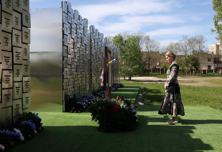 Britain's Sophie, Duchess of Edinburgh, visits the memorial to the victims of the Russian occupation in the town of Bucha on April 29, 2024, amid the Russian invasion of Ukraine. The visit, to demonstrate solidarity with the women, men and children impacted by the war, is a continuation of her work to champion survivors of conflict related sexual violence.