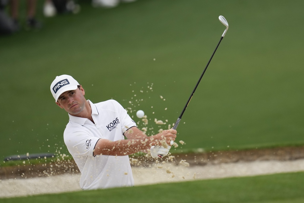 <p>Austin Eckroat hits from the bunker on the second hole during the first round at the Masters golf tournament at Augusta National Golf Club Thursday, April 11, 2024, in Augusta, Ga. </p>
