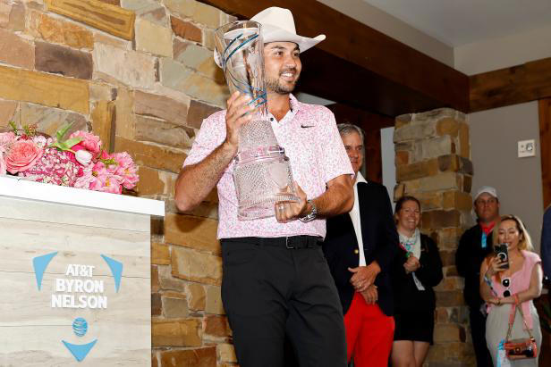 MCKINNEY, TEXAS - MAY 14: Jason Day of Australia poses for photos with the trophy after winning the AT&T Byron Nelson at TPC Craig Ranch on May 14, 2023 in McKinney, Texas. (Photo by Tim Heitman/Getty Images)