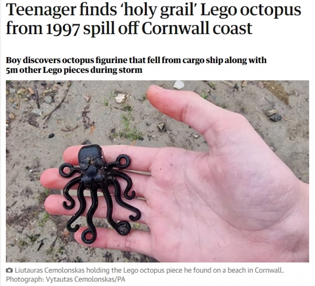 화물선에서 떨어진 ‘희귀템’… ‘문어 모양 레고’ 찾은 英소년