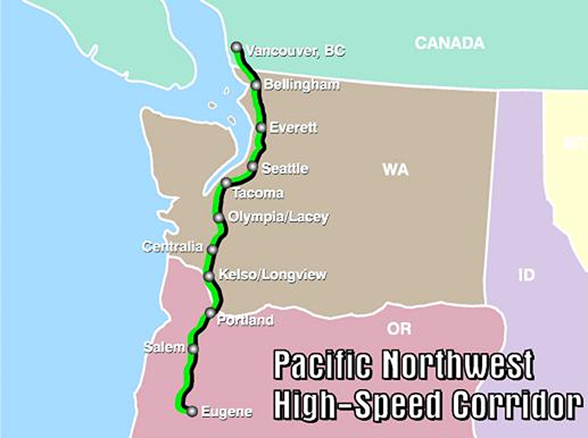 map shows proposed pacific northwest high-speed rail route