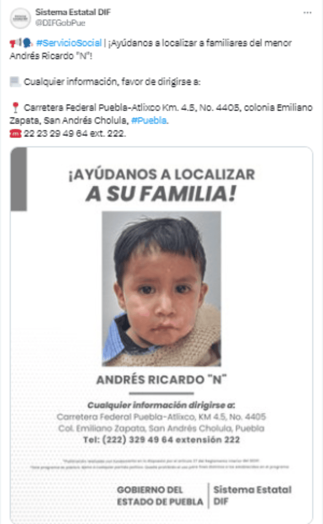 Buscan a la familia de Andrés Ricardo, abandonado en Puebla. Foto: Captura