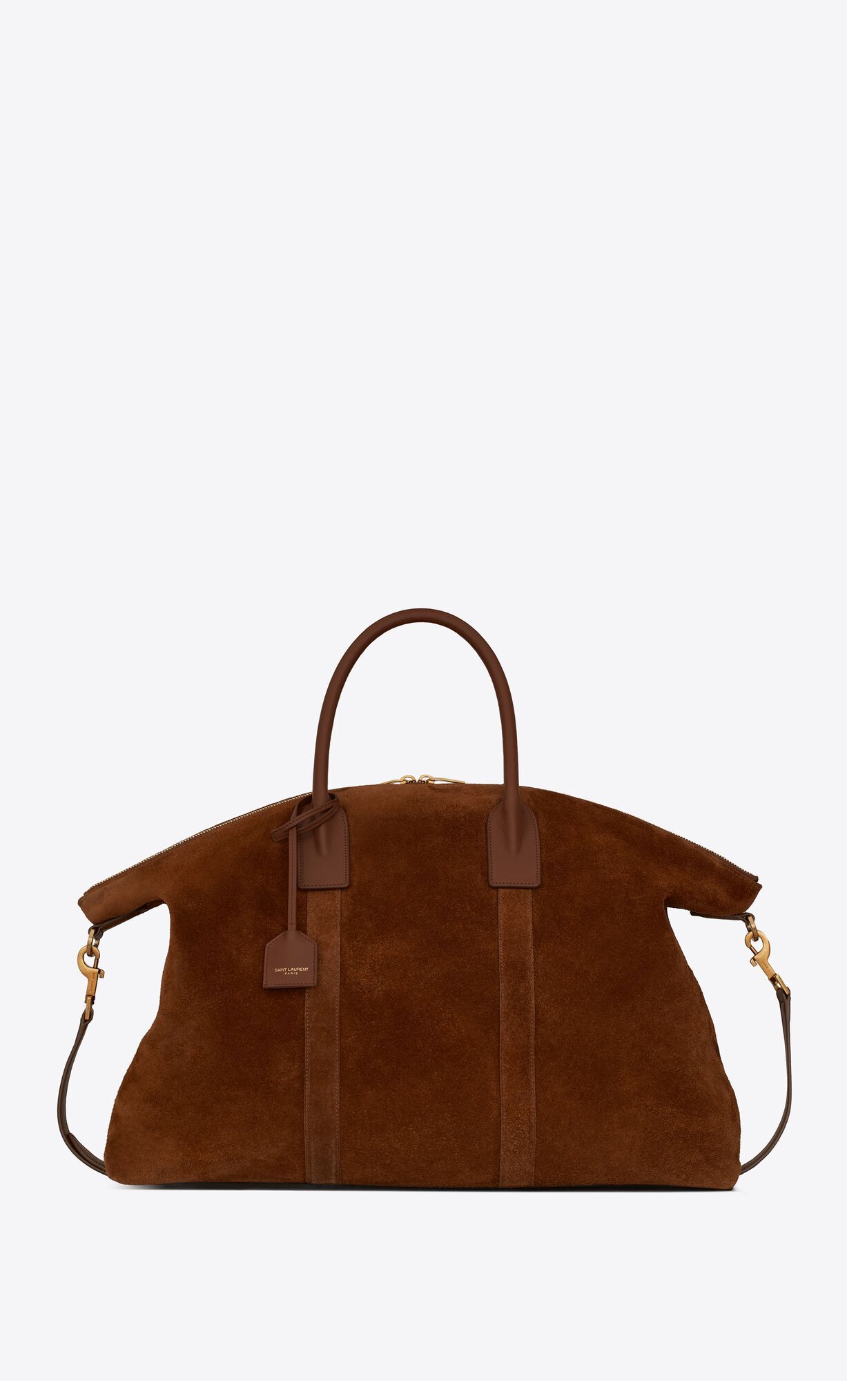 <p><strong>$2490.00</strong></p><p><a href="https://www.ysl.com/en-us/giant-bowling-bag-in-suede-810016297.html">Shop Now</a></p><p>A durable bowling bag crafted from supple suede is an iconic way to travel in style. </p><p><strong>Dimensions: </strong>18.5" x 13.4" x 7.5"</p><p><strong>Materials: </strong>Calfskin leather with grosgrain lining and metal hardware</p>