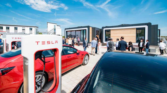 Tesla Supercharger Park with bk World lounge cubes in Endsee, Germany