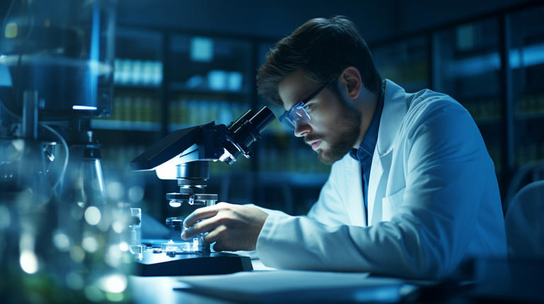 A laboratory technician in a high-tech lab, examining a specimen under a microscope.