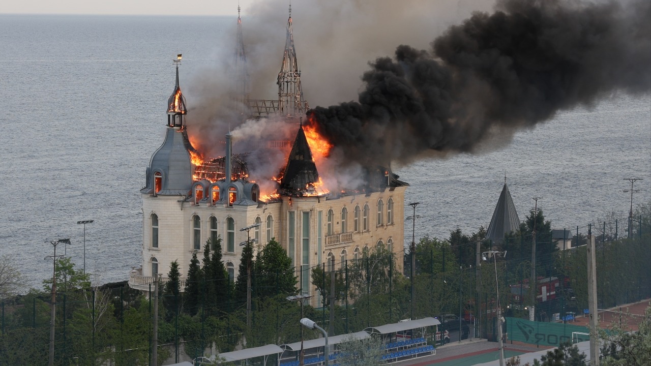 video: ukraine's 'harry potter castle' on fire after russian airstrike
