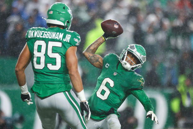 PHILADELPHIA, PENNSYLVANIA - NOVEMBER 26: DeVonta Smith #6 of the Philadelphia Eagles reacts after a touchdown catch during the fourth quarter against the Buffalo Bills at Lincoln Financial Field on Nov. 26, 2023 in Philadelphia. Tim Nwachukwu/Getty Images