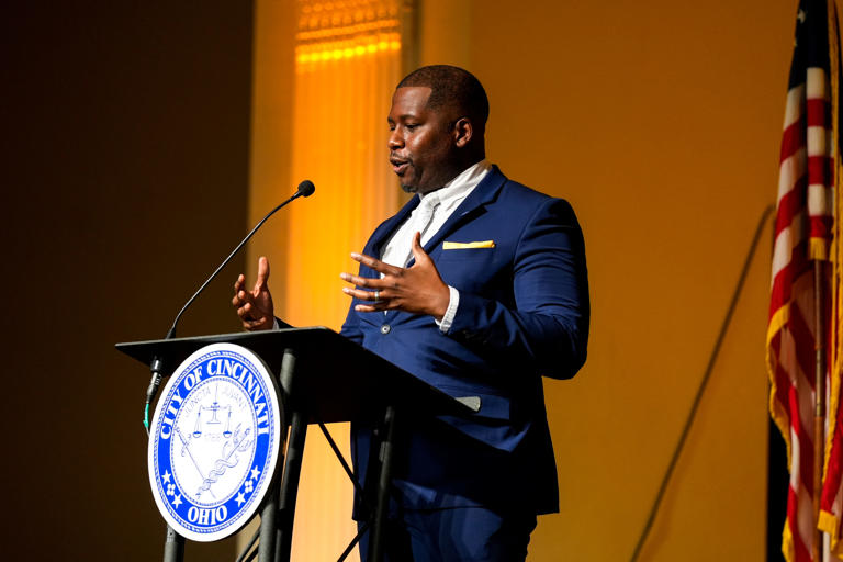 Council member Reggie Harris makes addresses the audience at the inaugural session of the city council on Tuesday, Jan. 2, 2024, at Music Hall Ballroom in Over-the-Rhine.