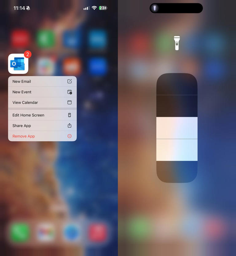 You can use Haptic Touch to quickly view an action menu for the Outlook app (left), or adjust your iPhone's flashlight brightness. Screenshots by Nelson Aguilar/CNET