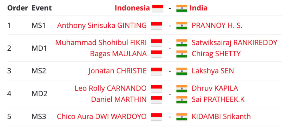 live streaming thomas cup 2024 indonesia vs india, cek susunan pemain