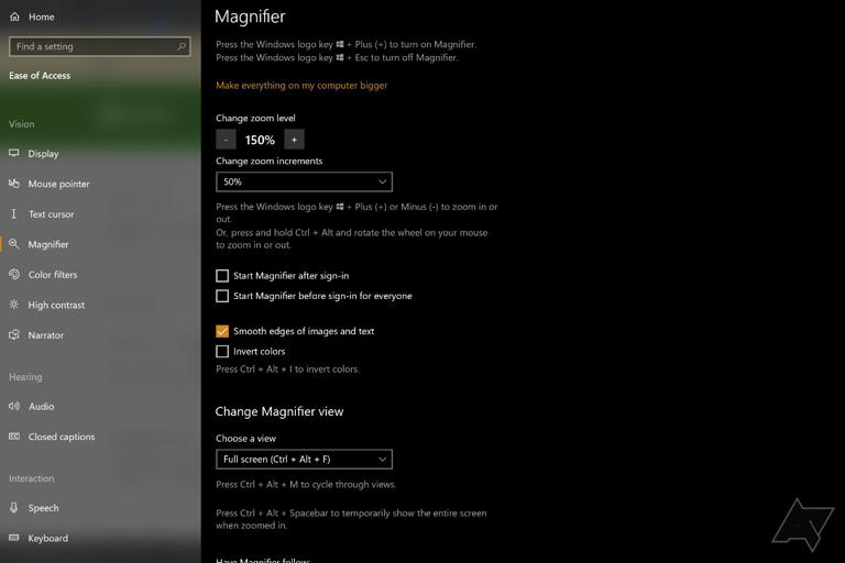 Windows 10 showing Magnifier customization options. 