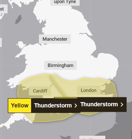 met office issues yellow weather warnings as thunderstorms set to hit uk