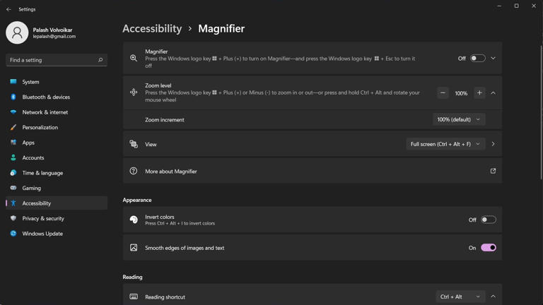 Magnifier settings under Accessibility in Windows 11.